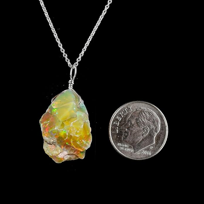 Raw Ethiopian Fir Opal Pendant Necklace for Women, Dainty Pendant, Handmade October Birthstone, Hypoallergenic Spiritual Healing Stone 925 Sterling Silver Chain 20" Birthday Gifts
