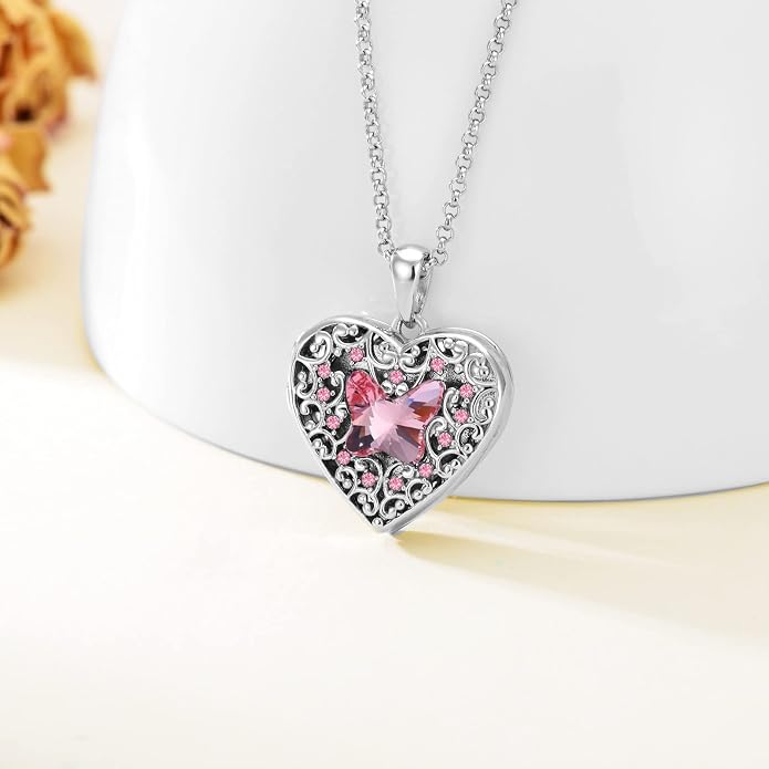 Dorunmo Personalized Locket Necklace 925 Sterling Silver that Holds Pictures Butterfly Birthstone Photo Heart Locket Custom Jewelry Congratulations New Beginnings New Job Gifts for Women