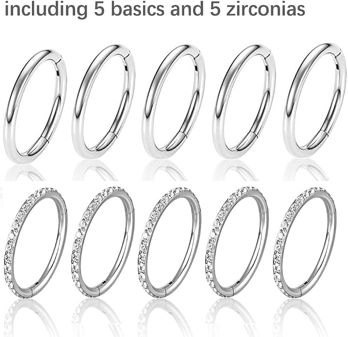 Casvort 5/10 PCS 16G Seamless Septum Nose Piercing Rings Zirconia Segment Tragus Hoop Rings 316 Stainless Steel Helix Ring Stack Clickers Ear Plugs Hangers Women Body Jewelry