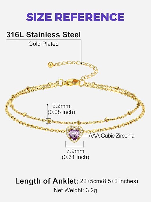 Richsteel Double Layer Heart/Butterfly Birthstone Anklet for Women Non Tarnish Waterproof, Silver/Gold/Black Stainless Steel 8.5-10.5 Inch Adjustable Chain Anklets Jewelry Gifts for Her