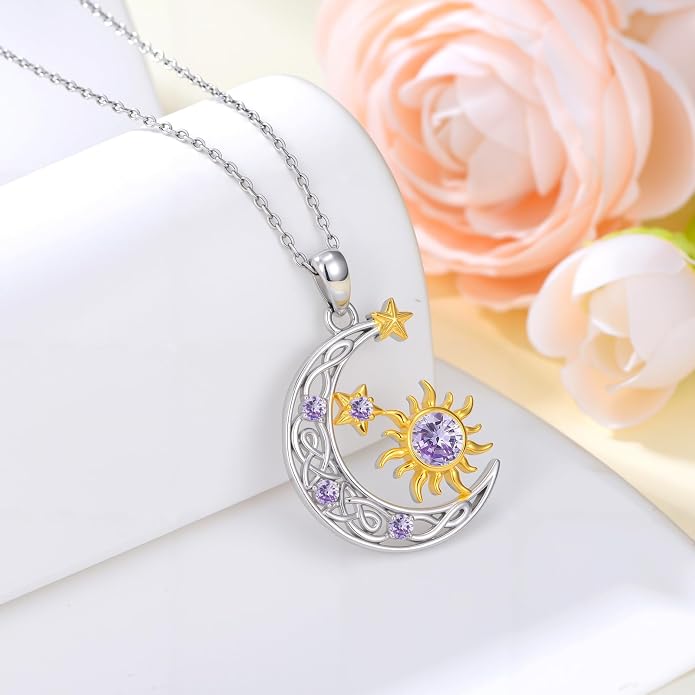 PELOVNY Sun and Moon Necklace for Women 925 Sterling Silver Sun Moon Star Birthstone Pendant Necklaces Birthday Christmas Jewelry Gifts for Mom Daughter Wife Sister