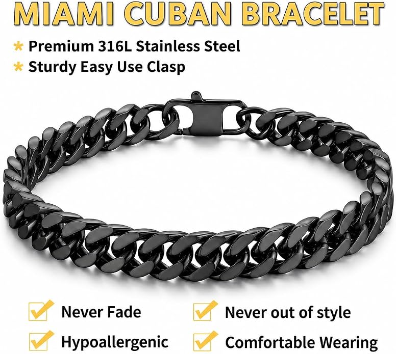 8.5mm Mens Silver Black 316L Diamond-cut Stainless Steel Cuban Link Chain Bracelet for Men, Durable Classic Wrist Jewelry, Gift for Him