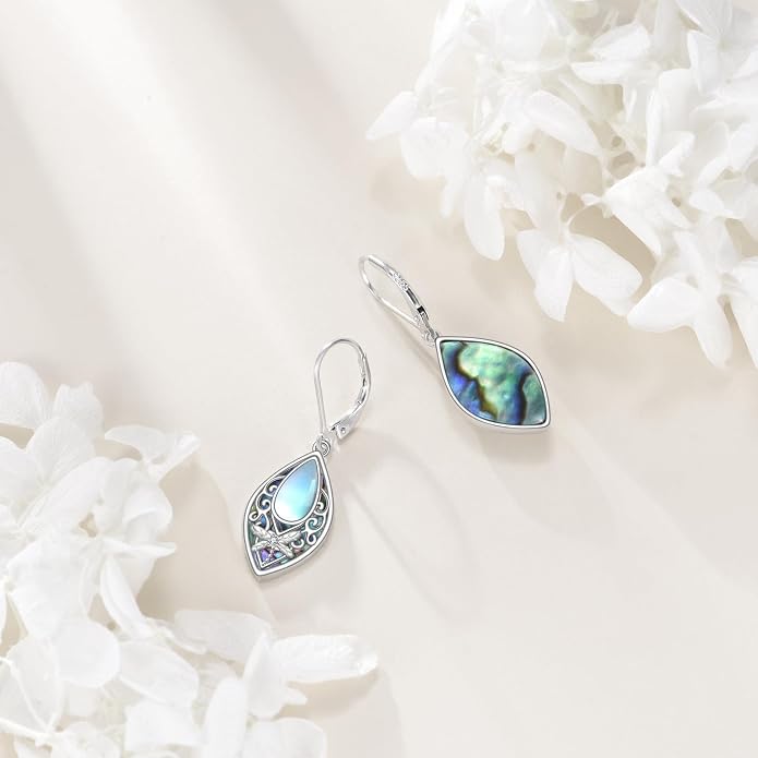 Dragonfly Earrings Sterling Silver Dragonfly Filigree Abalone Shell Teardrop Dangle Earrings Leverback Jewelry Gifts for Women