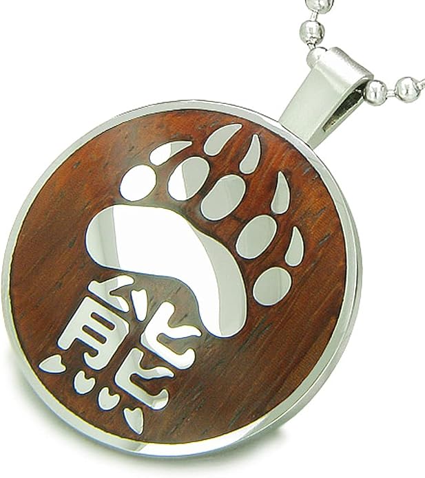 Magic Human Bear Paw Necklace - Grizzly Claw Pendant - Wood and Steel Unique Medallion - Kanji Protection Amulet