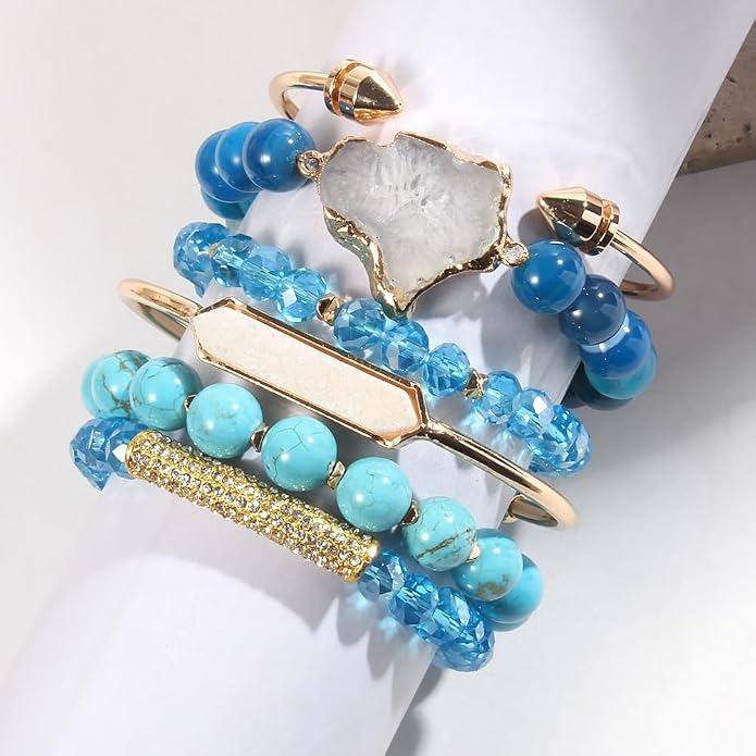 Yomisa 5PCS 6PCS Natural Boho Beaded Bracelets/Bangle for Women Men,Healing Turquoise Jasper Agate Crystal Gemstone Stone Chakra Multilayer Wrap Bohemian Handmade Jewelry Beads Stretch Bracelet Set