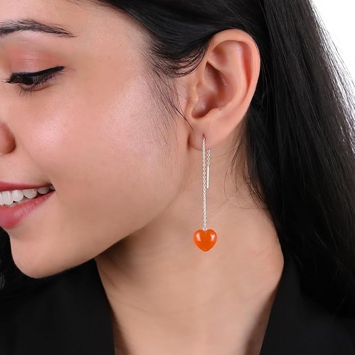 Gemstone Heart Shaped Threader Earrings in 925 Sterling Silver, Pull Through Adjustable, Versatile & Trendy, Perfect Valentine's Gift for Women, Choice of Gemstone Available