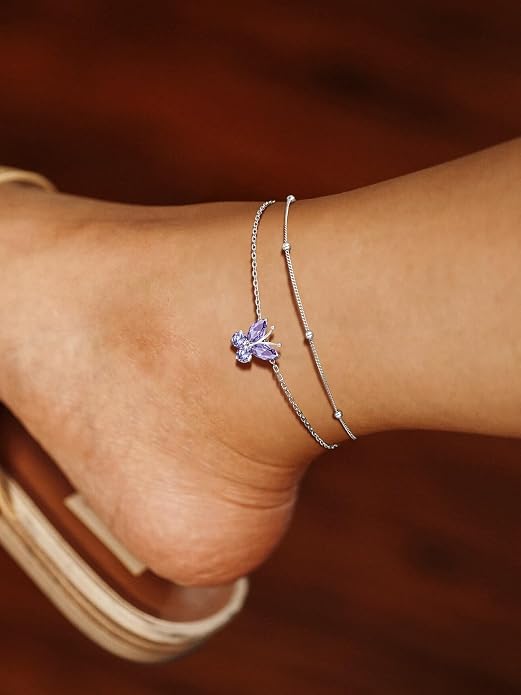 Richsteel Double Layer Heart/Butterfly Birthstone Anklet for Women Non Tarnish Waterproof, Silver/Gold/Black Stainless Steel 8.5-10.5 Inch Adjustable Chain Anklets Jewelry Gifts for Her