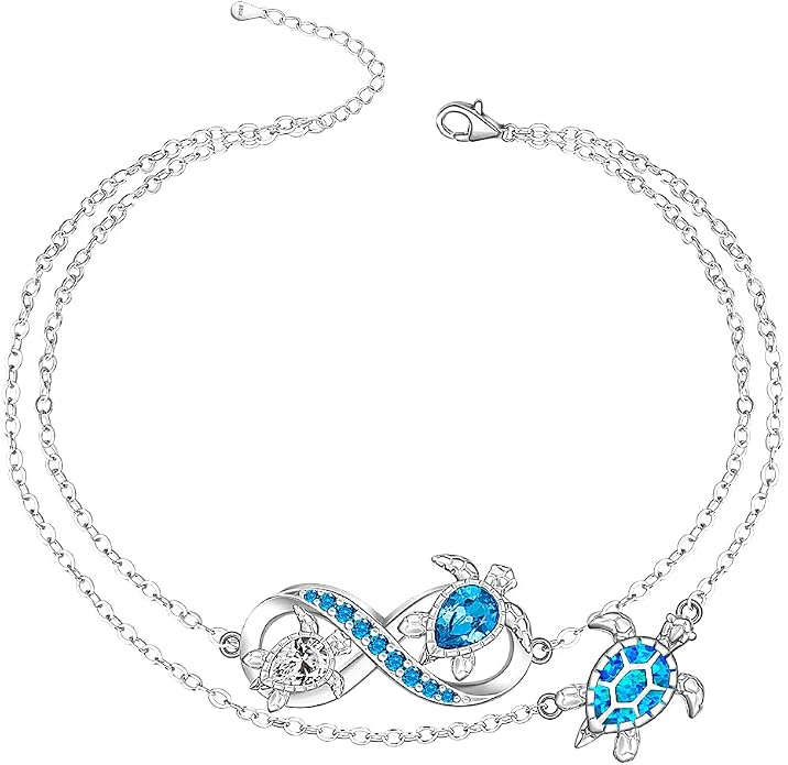 Fenthring Turtle Anklet S925 Sterling Silver Blue Opal Sea Turtle Ankle Bracelets for Women Infinity Wave Ocean Beach Summer Foot Bracelet Jewelry Layered Adjustable