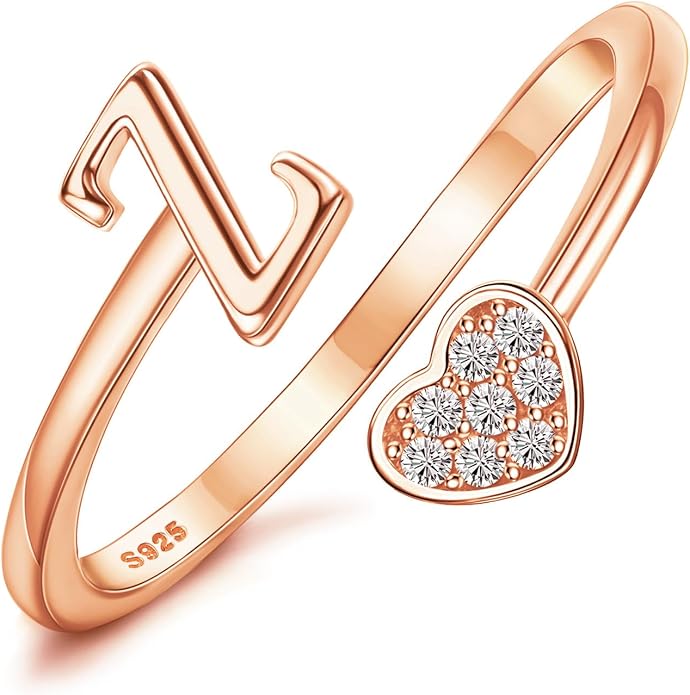 MILACOLATO 925 Sterling Silver Initial Rings for Women Teen Girl 18K Gold Plated Heart Initial Rings Adjustable Capital Letter Ring Stackable Thumb Pinky Rings for Daughter Birthday Bridesmaid Gifts Jewelry, A to Z