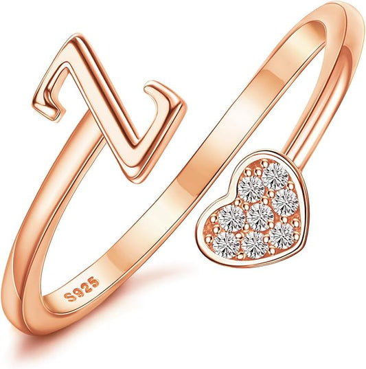 MILACOLATO 925 Sterling Silver Initial Rings for Women Teen Girl 18K Gold Plated Heart Initial Rings Adjustable Capital Letter Ring Stackable Thumb Pinky Rings for Daughter Birthday Bridesmaid Gifts Jewelry, A to Z