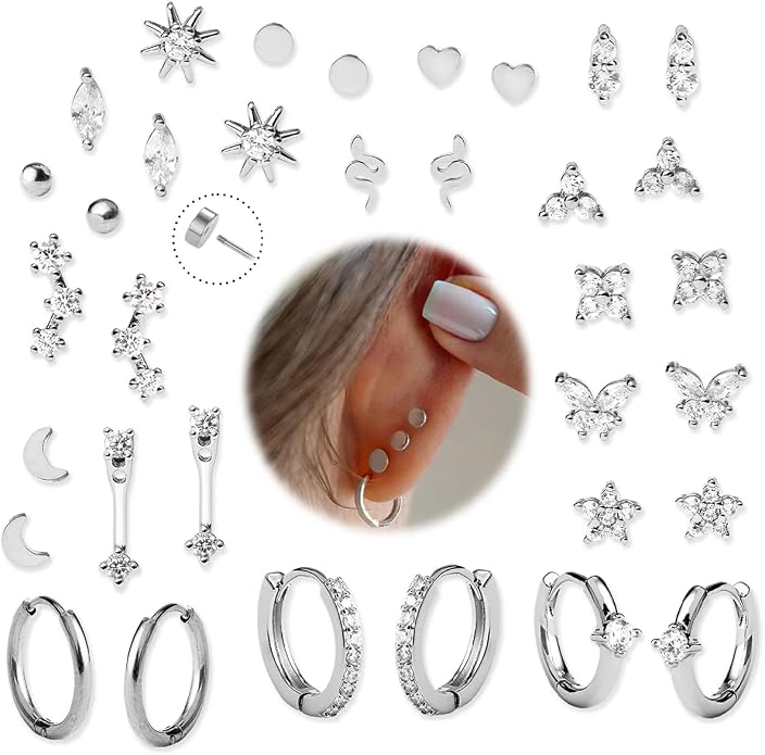 KRFY 25Pcs/17 Pairs Hypoallergenic Surgical Steel Earrings for Sensitive Ears 14K Gold Plated Flat Back Cartilage Earrings for Women Men Screw Back Flatback Stud Hoop Earring Set for Multiple Piercing