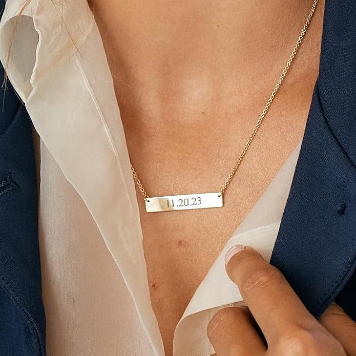 EVE'S ADDICTION Women's Custom Engraved Gold Plated Date Necklace - Engraved Bar Necklace - Date Necklace - Couples Necklace - Gifts for Mom