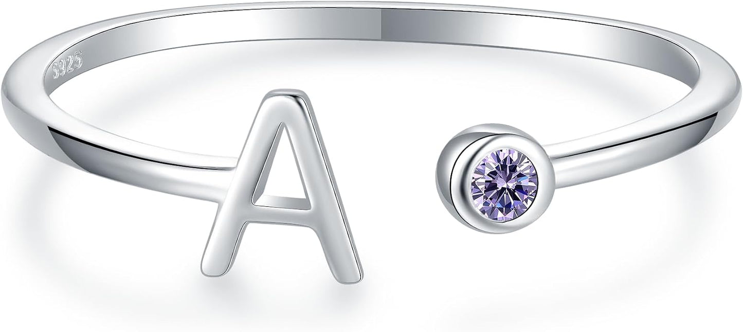 925 Sterling Silver Initial Letter Birthstone Rings for Women Adjustable 1-12 Month Birthstone Alphabet Stacking Ring for Teens Girls Stackable Birthstone Rings Birthday Jewelry Gift for Daughter Mom