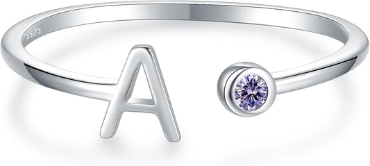 925 Sterling Silver Initial Letter Birthstone Rings for Women Adjustable 1-12 Month Birthstone Alphabet Stacking Ring for Teens Girls Stackable Birthstone Rings Birthday Jewelry Gift for Daughter Mom