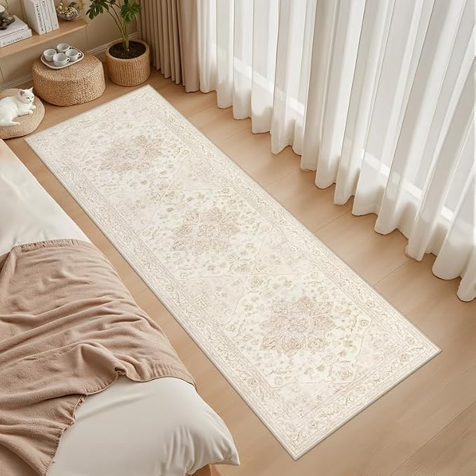 2'6''x8' Hallway Washable Runner Rug: Vintage Boho Neutral Kitchen Rug Soft Small Area Rug Indoor Floor Non-Slip Low Pile Carpet for Farmhouse Entryway Laundry Bathroom Bedroom Beside Rugs Beige White