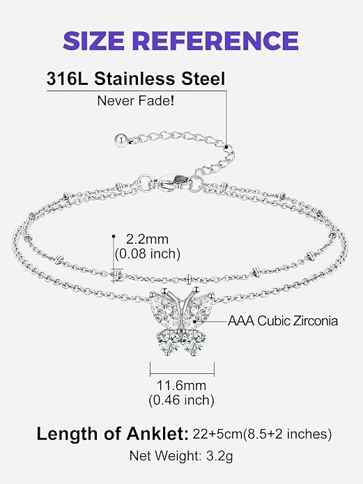 Richsteel Double Layer Heart/Butterfly Birthstone Anklet for Women Non Tarnish Waterproof, Silver/Gold/Black Stainless Steel 8.5-10.5 Inch Adjustable Chain Anklets Jewelry Gifts for Her