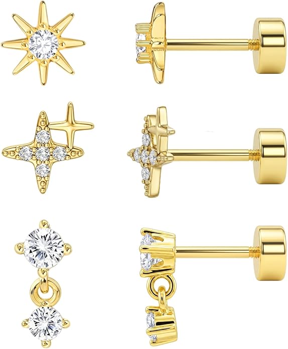 3 Pairs 20G Flat Back Earrings, G23 Titanium Hypoallergenic CZ Studs, 14K Gold Cartilage Helix Tragus Conch Piercing Jewelry for Women