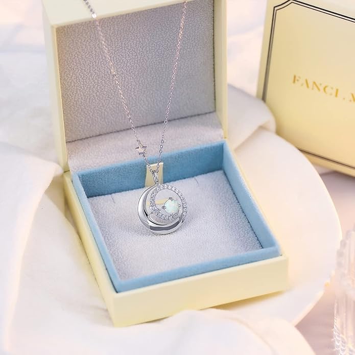 FANCIME Birthstone Necklaces 925 Sterling Silver Moon and Star Pendant Fine Jewelry Birthday Mothers Day Gifts for Mom Wife Her Daughter, Adjustable Chain 16+2"