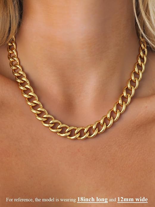 U7 Chunky Cuban Link Chain for Women, Stainless Steel Chain Necklace, Dainty 14K Gold/Silver Thick Trendy Punk Hip Hop Cuban Chain, 12mm/16mm/20mm