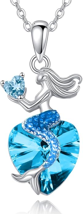 Mermaid Birthstone Necklace for Women 925 Sterling Silver Jewelry Austrian Crystal Pendant Christmas Gifts for Her