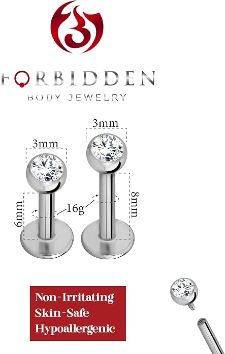 Forbidden Body Jewelry 16G-18G Internally Threaded Solid Titanium Tragus/Helix Earring/Labret Stud with CZ Ball Top