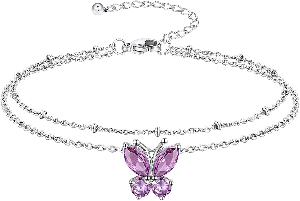 Richsteel Double Layer Heart/Butterfly Birthstone Anklet for Women Non Tarnish Waterproof, Silver/Gold/Black Stainless Steel 8.5-10.5 Inch Adjustable Chain Anklets Jewelry Gifts for Her