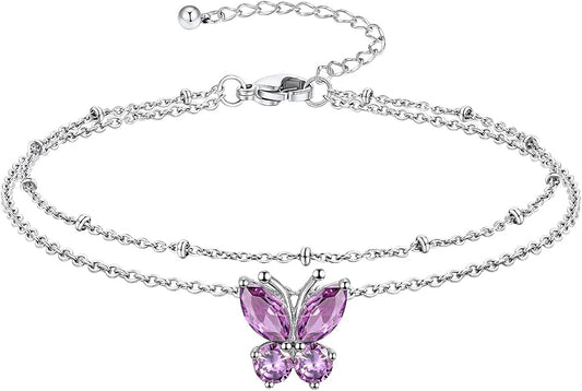 Richsteel Double Layer Heart/Butterfly Birthstone Anklet for Women Non Tarnish Waterproof, Silver/Gold/Black Stainless Steel 8.5-10.5 Inch Adjustable Chain Anklets Jewelry Gifts for Her