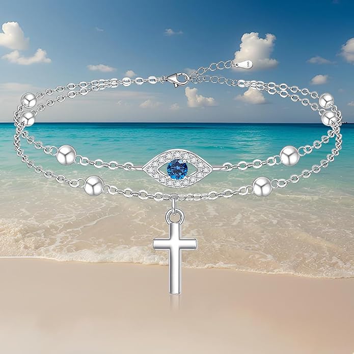 Evil Eye Anklet Sterling Silver Infinity Lotus Flower Evil Eye Anklets for Women Ankle Bracelets Turkish Blue Eyes Protection Chain Jewelry