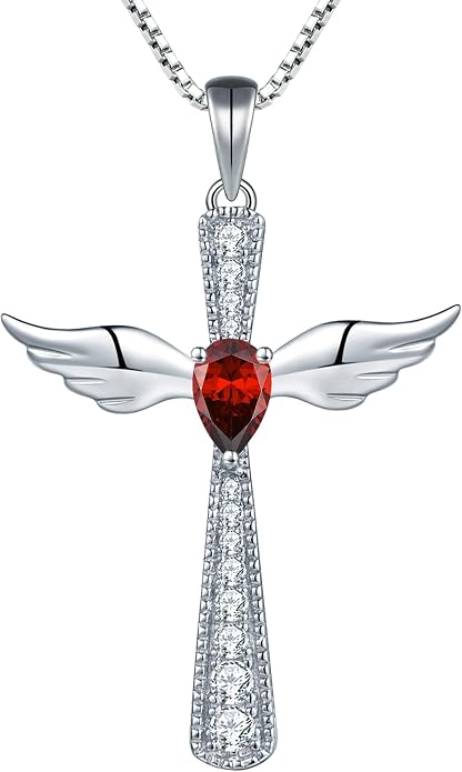 YL Cross Necklace 925 Sterling Silver Angel Wings Pendant Teardrop Birthstone Criss Jewelry for Women