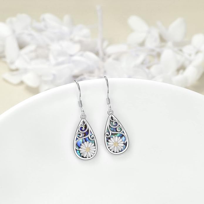CRMAD Hummingbird/Bee/Leaves/Sunflower/Daisy/Dragonfly/Rose/Lotus Flower Sterling Silver Filigree Teardrop Earrings Abalone Shell Jewelry for Women