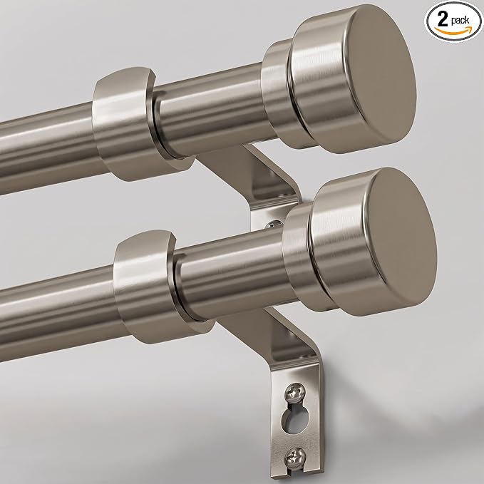 Lootkell 2 Pack Brushed Nickel Curtain Rods for Windows 72-144 Adjustable | Heavy Duty 1" Long Window Curtain Rod,Solid Metal Finials,Modern Design,Fits Outdoor,Kitchen,Bedroom,Living Room,Farmhouse