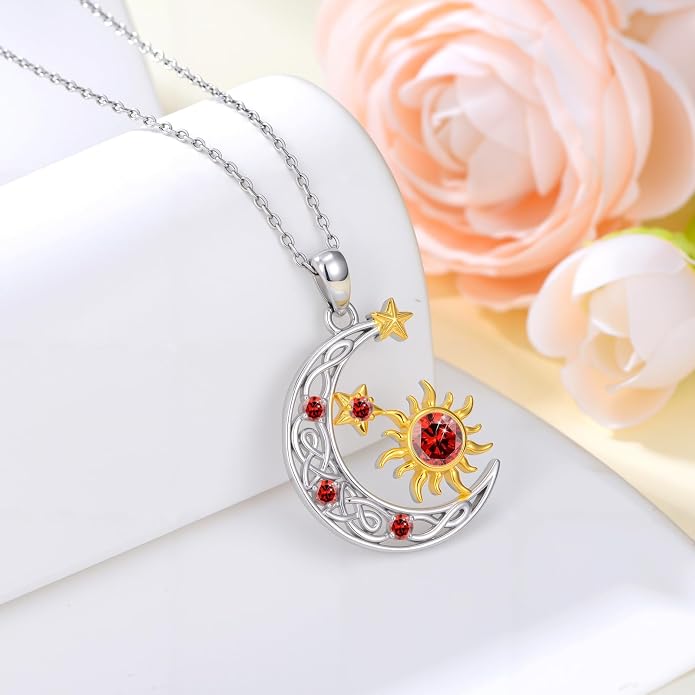 PELOVNY Sun and Moon Necklace for Women 925 Sterling Silver Sun Moon Star Birthstone Pendant Necklaces Birthday Christmas Jewelry Gifts for Mom Daughter Wife Sister
