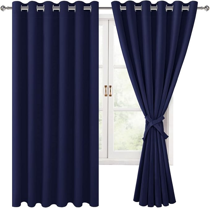 Hiasan Grommet Blackout Curtains for Bedroom, 70 x 63 Inches - Thermal Insulated & Light Blocking Window Drapes for Living Room/Dorm Room, Set of 2 Panels Sewn with Tiebacks, Navy Blue