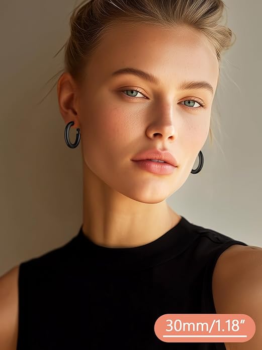 FaithHeart Chunky Hoop Earrings for Women, Silver/Black/14K Gold Plated Stainless Steel Earrings 5mm Thick Hollow Tube Hoops Hypoallergenic Lightweight Earring 20/30/40/50/60/70/80mm