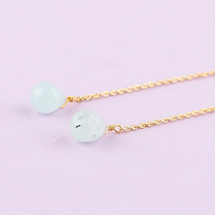 Natural Gemstone Threader Earrings for Women - Dainty 2mm Faceted Beads - Birthstone Crystal Drop Earrings - Silver Plated Healing Jewelry