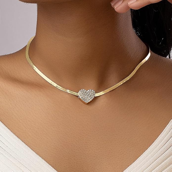 Heart Pendant Herringbone Choker Necklace For Women Gold Silver Options Crystal Pave Charm Adjustable Layering Style Minimalist Chic Everyday Wear