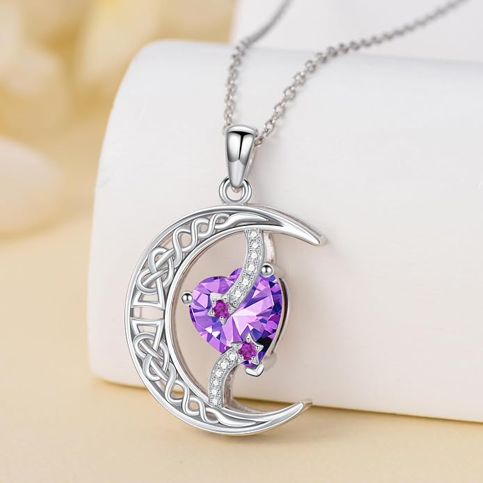TOUPOP Moon and Star Birthstone Necklace for Women 925 Sterling Silver Celtic Moon Jewelry Birthday Mothers Day Gifts for Mom Wife Her