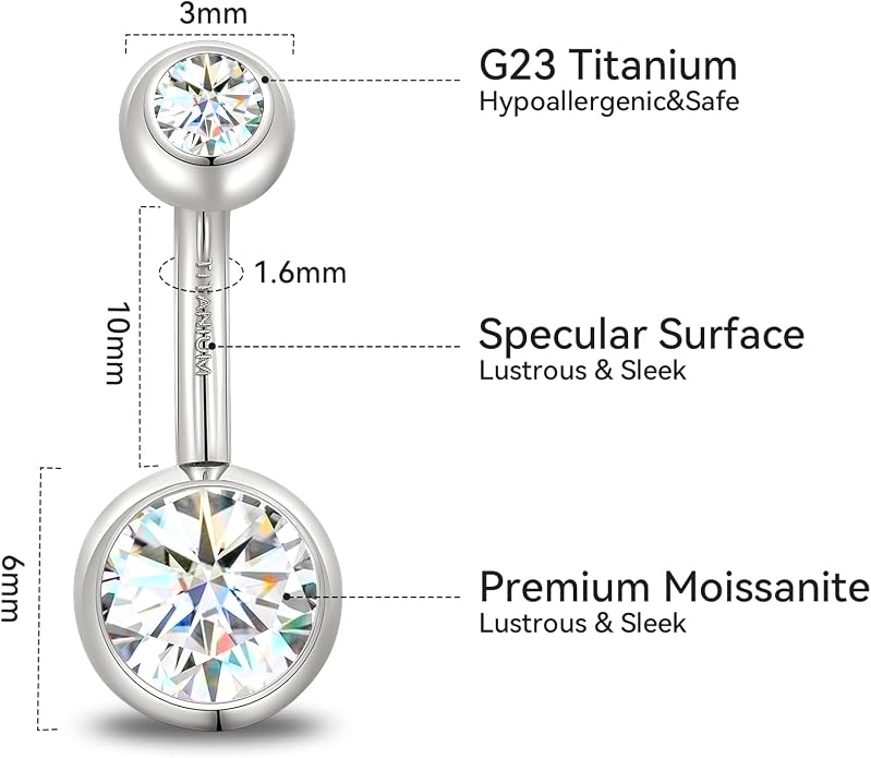 limerencia Moissanite Belly Button Ring, G23 Titanium Hypoallergenic Internally Threaded Navel Jewelry, Curved Dangle Belly Ring Piercing Jewelry for Women, Men