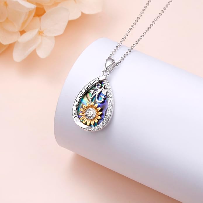 DAOCHONG 925 Sterling Silver Filigree Moonstone Sunflower Necklace Celtic Teardrop Abalone Shell Jewelry for Women Birthday Christmas Anniversary