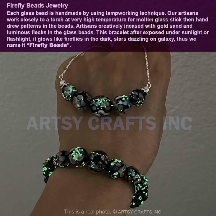 ARTSY Crafts Lily Garden Glow in the Dark Firefly Bead Bracelets Necklaces, Handmade in USA Murano Glass Jewelry, Flower Luminous Beads Mermaid Crystal Bracelet Bangle