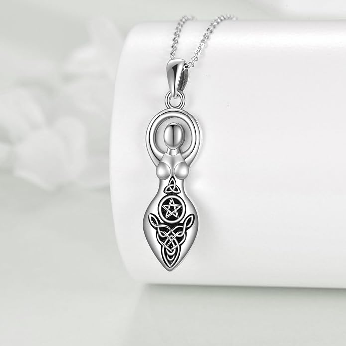 YFN Triple Moon Goddess Necklace Sterling Silver Pentagram Pentacle Opal Pendant necklace Pagan Wiccan Magic Amulet Tree of Life Jewelry for Women Men 18"