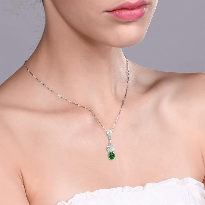 Gem Stone King 2-Stone Gemstone Birthstone Pendant Necklace for Women in 925 Sterling Silver | Oval 8x6MM | 18 Inch Silver Chain | Fine Jewelry for Her Mom Wife