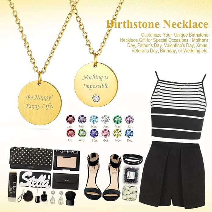 Custom4U Personalized Birthstone Bar Necklaces for Women, Custom Handmade Silver/Black/Gold Vertical Bar Pendants with 1-3 Names Engraved,Unique Memorial Necklace for Her
