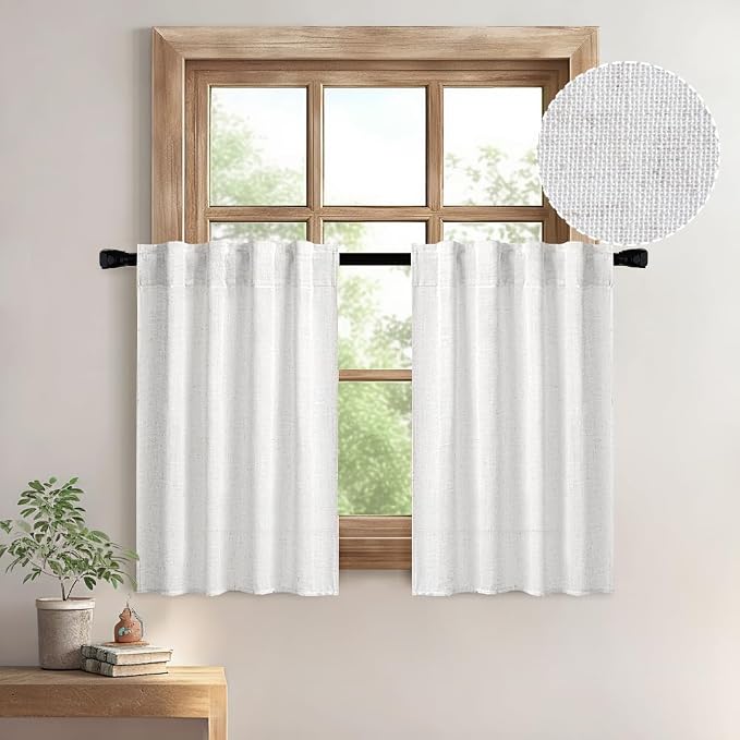 MIULEE White Curtains 36 Inch Length 2 Panels, Soft Thick Linen Textured Semi Sheer Light Filtering Kitchen Window Curtains Over Sink Small Tier for Bathroom Window Back Tab Rod Pocket