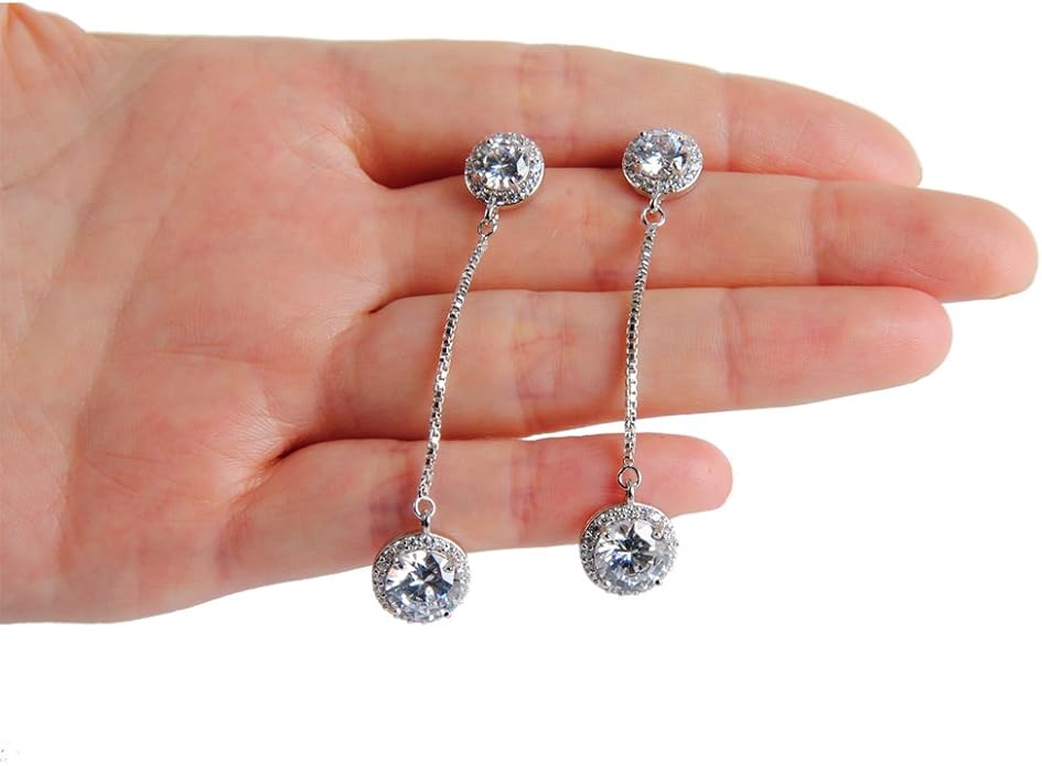 Crystal Linear Drop Earrings - Womens Sterling Silver Round Cubic Zirconia CZ Diamond Rhinestone Long Chain Dangle Earrings Bridal Drop Earrings for Wedding Bride Bridesmaids