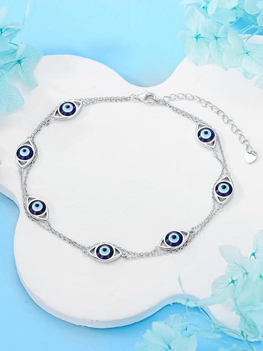 925 Sterling Silver Ankle Bracelet Evil Eye/Dolphin/Sea Turtle/Infinity/Wave Seashell/Hamsa Ankle Bracelet Adjustable Summer Beach Ocean Jewelry for Women