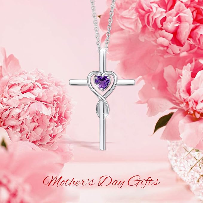 FANCIME Birthstone Cross Necklace for Women Birthstone Necklace Heart Infinity Cross Pendant Necklace Fine Jewelry Christmas Birthday Holiday Gifts for Her, 16"+2" Inches
