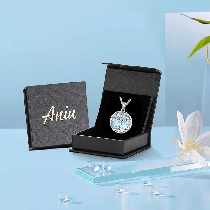 Aniu Tree of Life Necklace for Women, 925 Sterling Silver Mother of Pearl Family Palm Tree Charm Pendant Jewelry for Birthday Christmas Gift