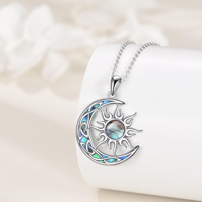 Sun and Moon Necklace for Women 925 Sterling Silver Celtic Crescent Moon Pendant Blue Opal/White Opal/Abelone Shell/Labradorite/Moonstone Jewelry Gift for Teen Girls