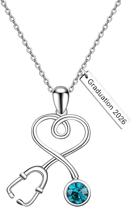 AOBOCO Stethoscope Necklace 925 Sterling Silver Embellished with 12 Months Birthstone Crystals from Austria, Graduation Gifts Medical Jewelry for Doctor Nurse Medical Student RN